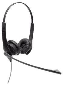 Headset mit dünnem Kopfbügel, zwei Ohrmuscheln und einem Mikrofonarm, geeignet für Telefonanrufe oder Online-Meetings.