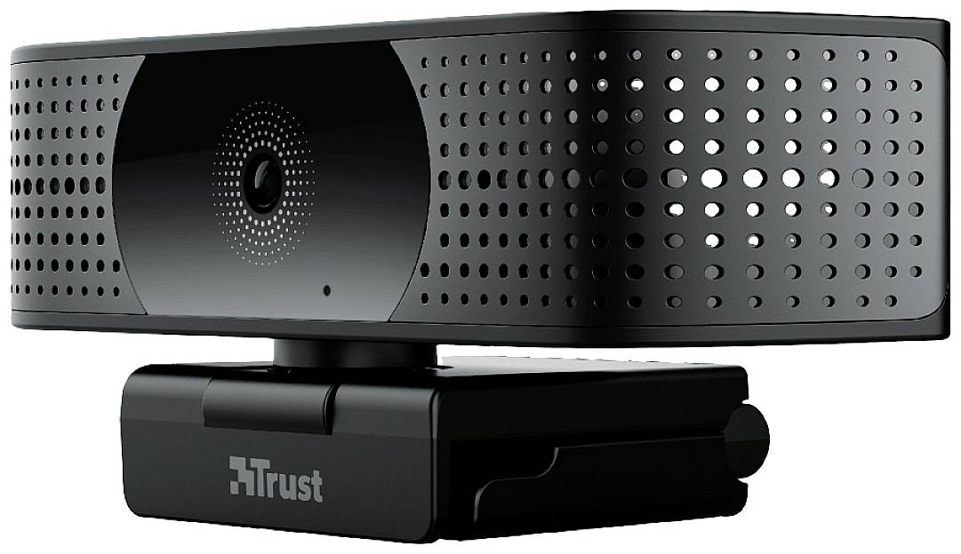 Eine schwarze Webcam mit gelochtem Design, montiert auf einem beweglichen Sockel.