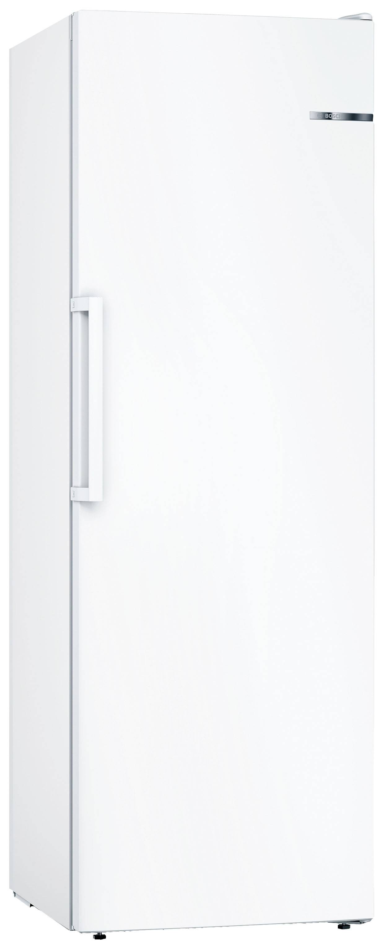 Einzelner, weißer Kühlschrank mit Griff an der linken Seite.