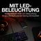'Mit LED-Beleuchtung' in großen Buchstaben, Gaming-Zubehör mit farbigen LEDs darunter. Text: 'Konfigurierbare RGB-LED-Beleuchtung für eine atemberaubende Gaming-Atmosphäre'.