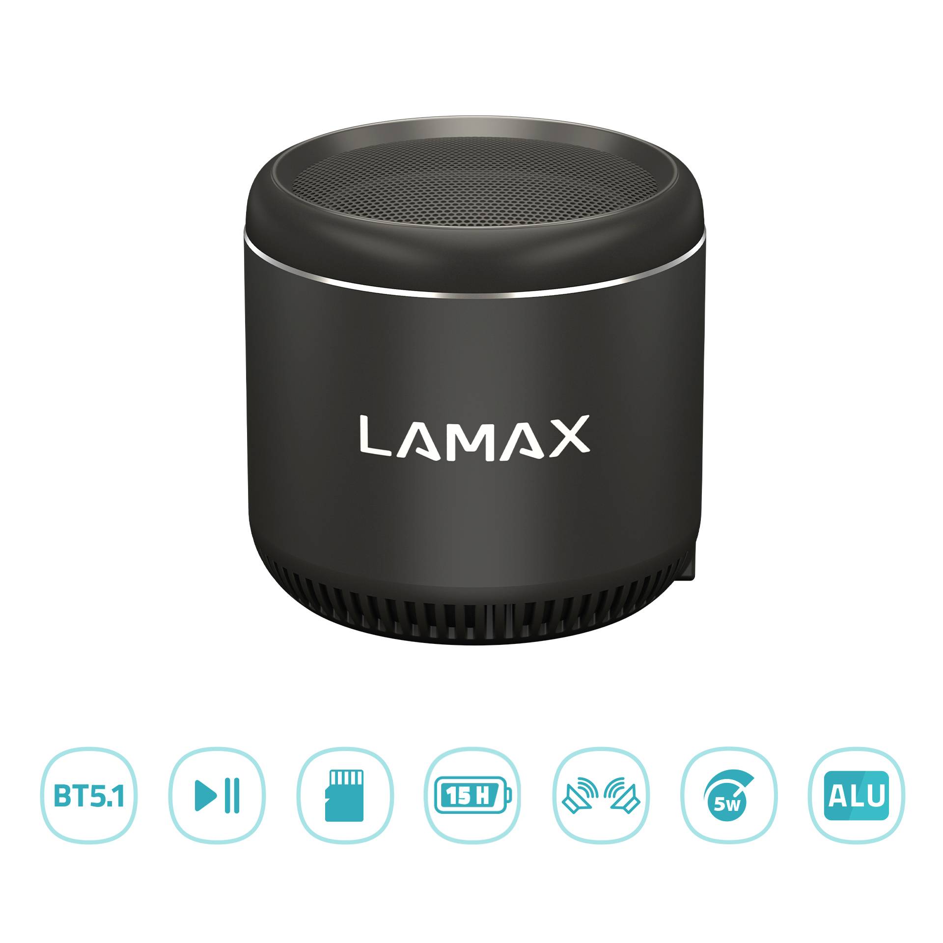 Schwarzer Bluetooth-Lautsprecher mit Aufschrift 'LAMAX', Funktionen unten: BT5.1, MicroSD, 15h Laufzeit, 5W Leistung, Aluminiumgehäuse.