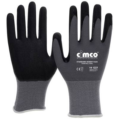 Zwei schwarze Arbeitshandschuhe aus flexiblem Material mit Aufdruck 'SIMCO STANDARD SKINNY FLEX'. Geeignet für Präzisionsarbeiten.