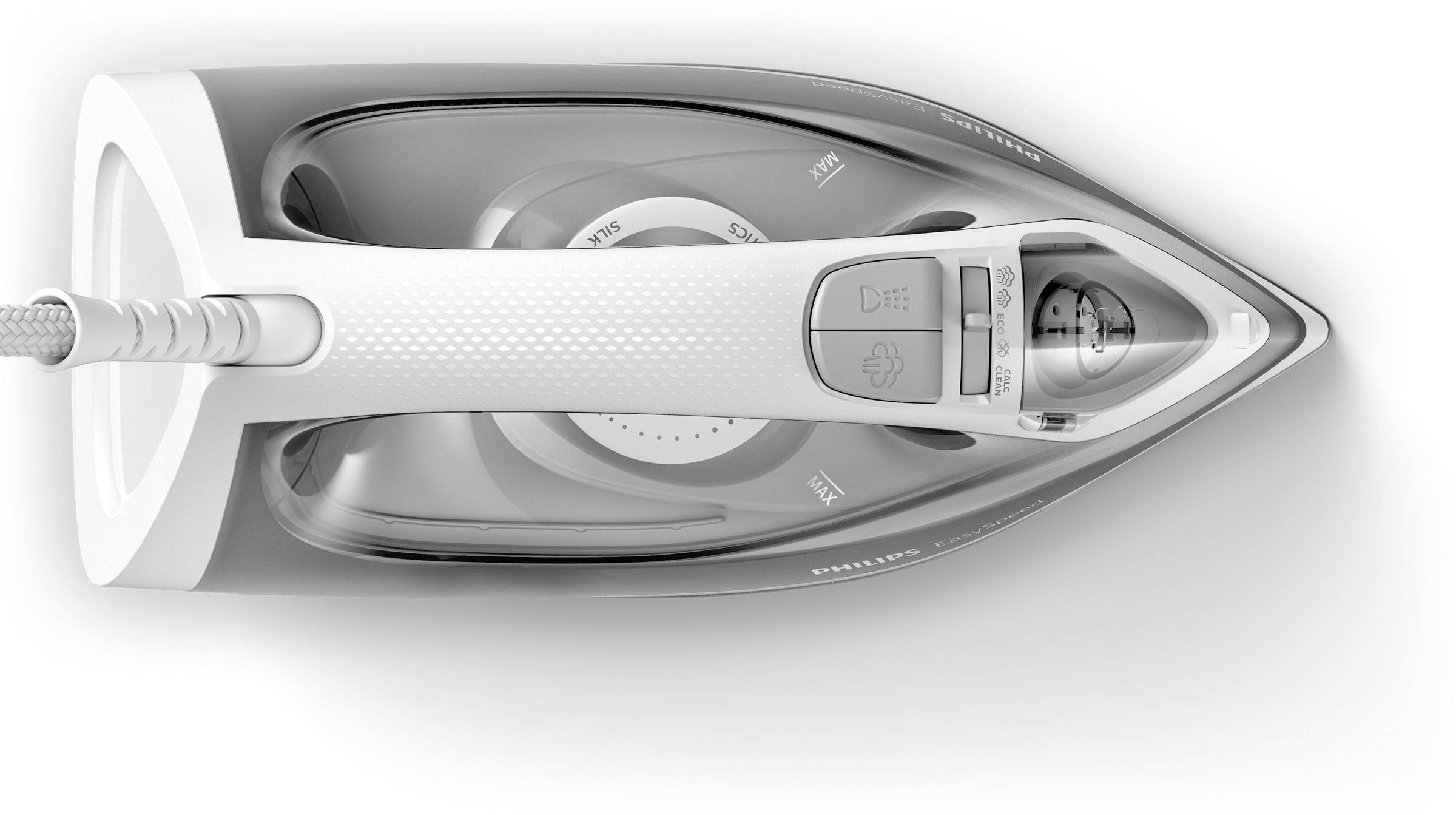 Draufsicht auf ein Dampfbügeleisen mit Temperatur- und Dampfeinstellung. Ergonomisches Design, moderner Look, weiße und graue Farben.