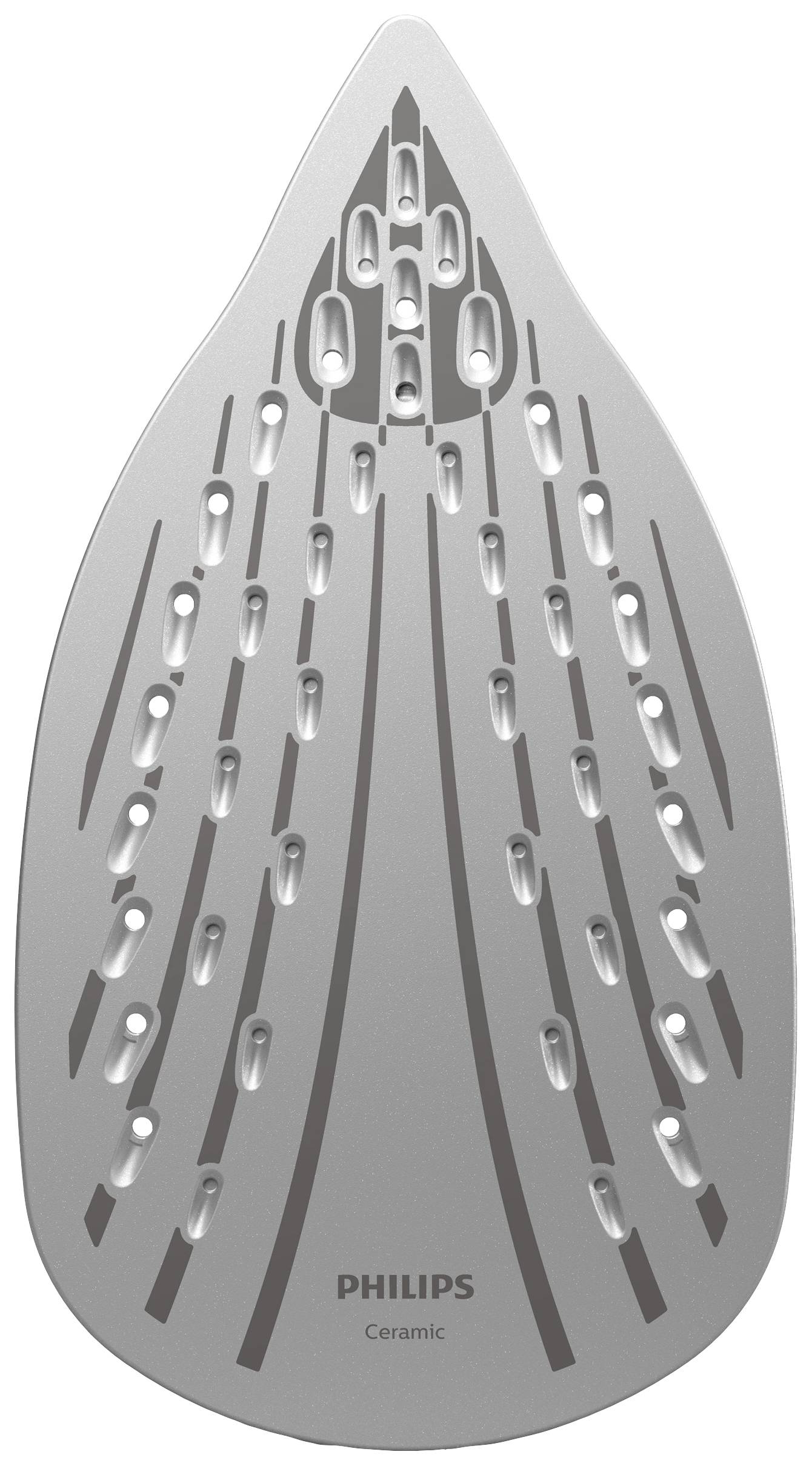 'Bügeleisensohle mit Keramikoberfläche und zahlreichen Dampflöchern, designed für gleichmäßige Wärmeverteilung beim Bügeln.'