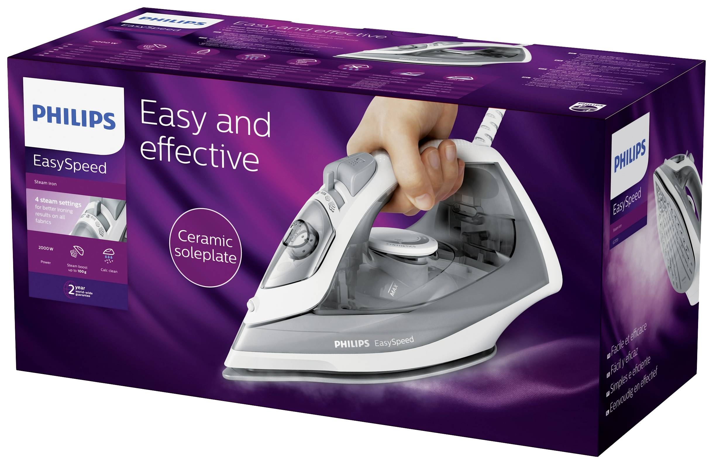 Verpackung eines Philips Dampfbügeleisens mit keramischer Sohle. Text: 'Easy and effective'. Bild einer Hand, die das Bügeleisen hält.