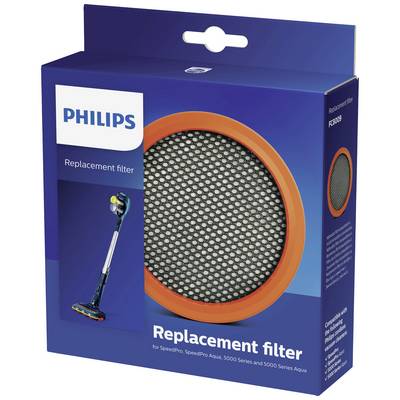 'Philips Ersatzfilter' Verpackung mit Produktbild. Filter mit oranger Umrandung. Kompatibel mit SpeedPro Aqua und Serien 5000.