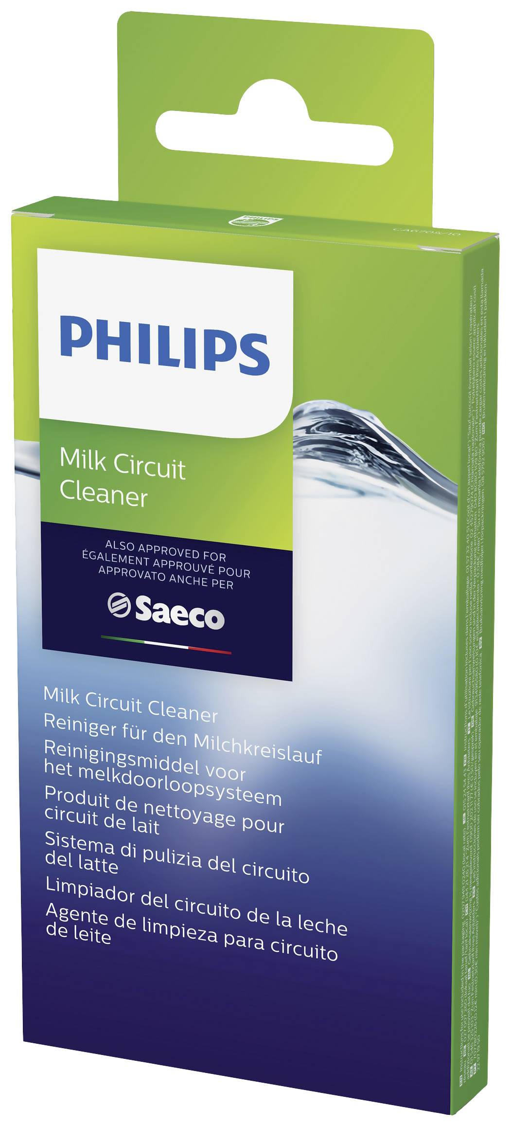 Verpackung eines Reinigungsmittels für den Milchkreislauf von Philips. Geeignet für Saeco-Geräte. Enthält Text in mehreren Sprachen.