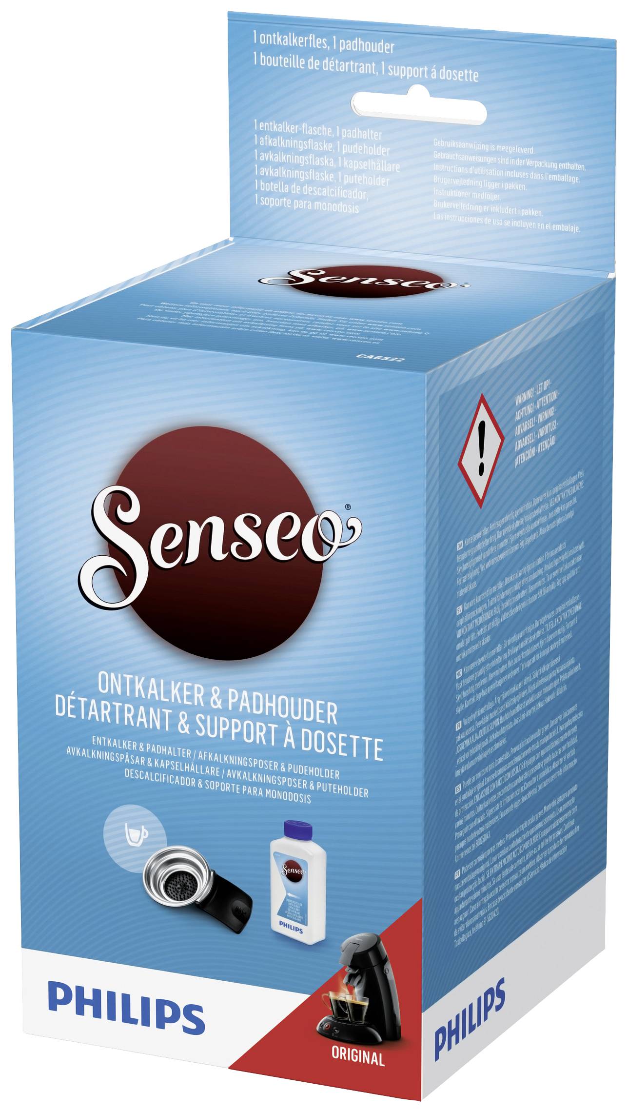 'Philips Senseo' Entkalker- und Padhalter-Set-Verpackung mit Produktbild und Anwendungshinweisen in verschiedenen Sprachen.