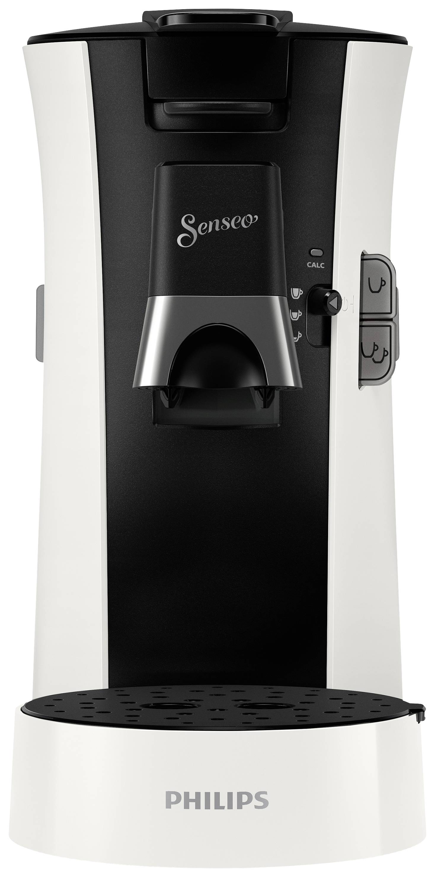 Eine weiße Senseo-Kaffeemaschine von Philips mit schwarzen Akzenten, geeignet für die Zubereitung von Einzelportionen Kaffee.