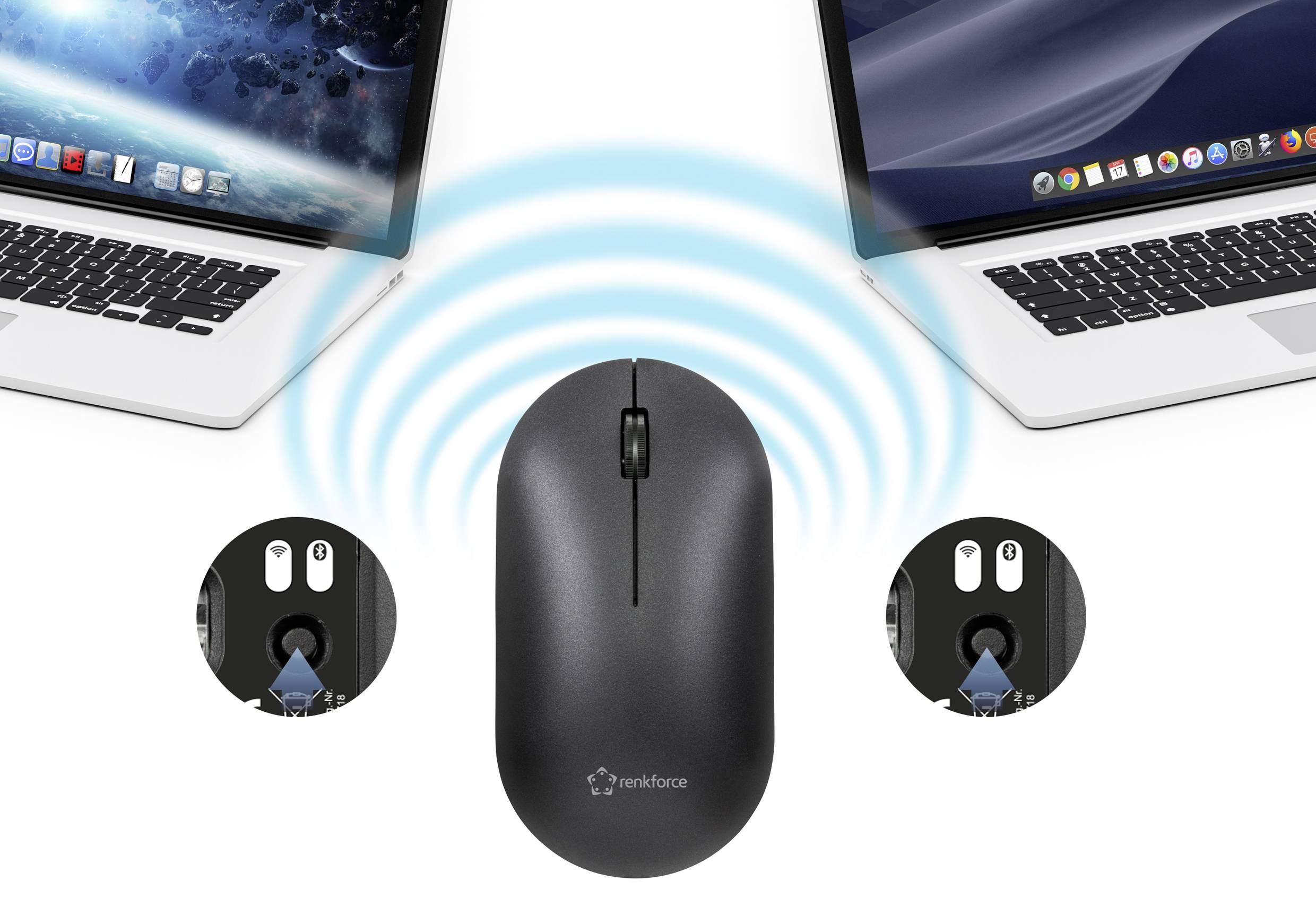 Eine schwarze Funkmaus verbindet sich über Wireless-Signale mit zwei Laptops. Symbole zeigen Umschalten zwischen den Geräten an.