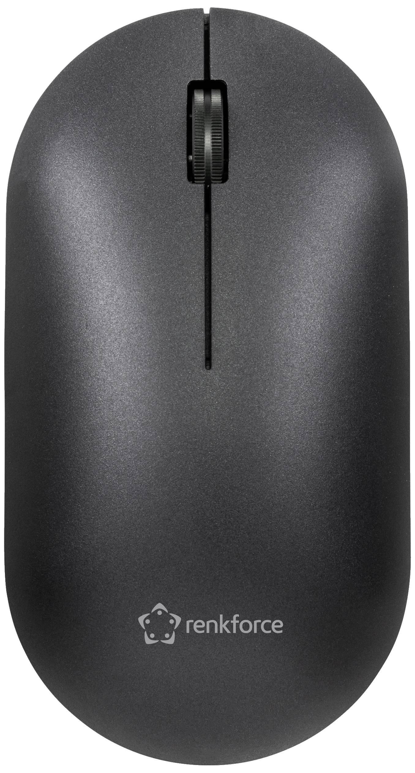 Kabellose schwarze Computermaus von oben, mit Scrollrad in der Mitte und 'renkforce'-Logo unten.