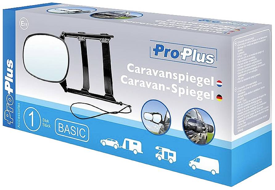 Verpackung eines Caravan-Spiegels von ProPlus mit Bildern des Produkts und Anwendungsbeispielen. Enthält Informationen auf Deutsch.