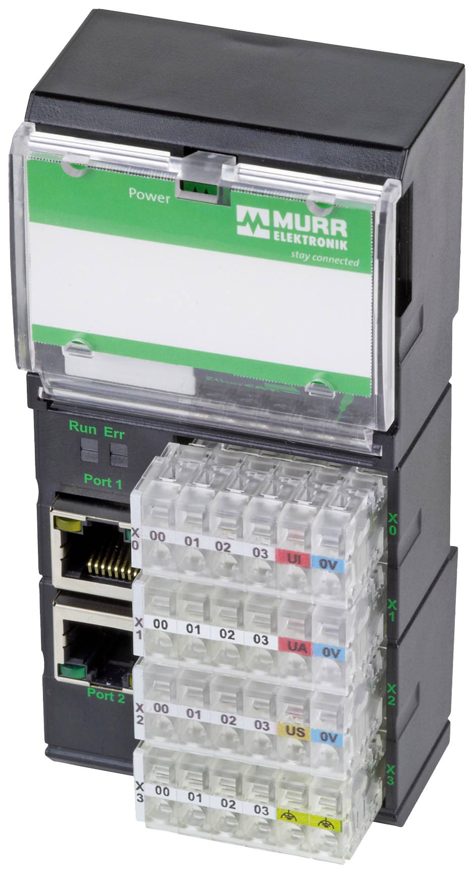Elektronisches Gerät mit mehreren Anschlüssen und Kontrollanzeigen. Oben steht 'Murrelektronik'. Enthält zwei Ethernet-Ports und beschriftete Klemmen.