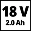 '18 V 2,0 Ah' steht in fettem Schwarz auf weißem Hintergrund. Dies kennzeichnet die Spannung und Kapazität eines Akkus.