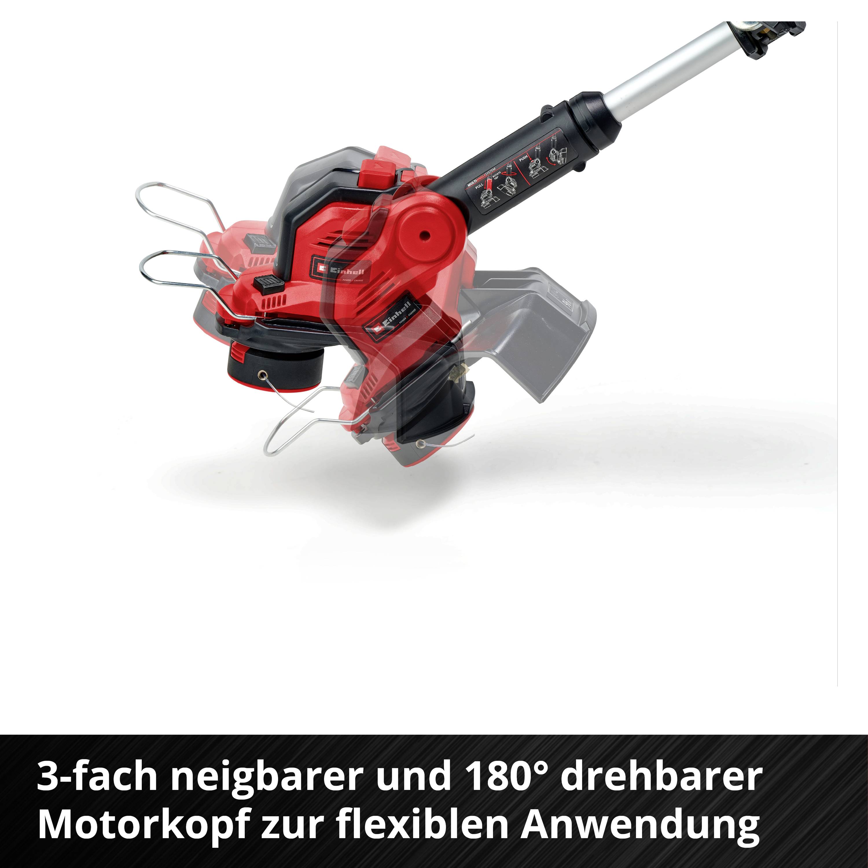 Ein Trimmer mit dreifach neigbarem und 180° drehbarem Motorkopf, darunter steht: '3-fach neigbarer und 180° drehbarer Motorkopf zur flexiblen Anwendung'.