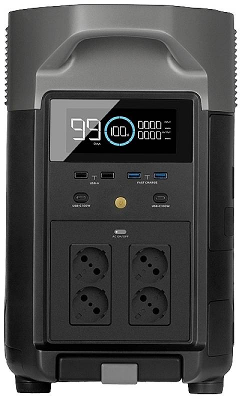 Tragbare Powerstation mit Display zeigt '99%'. Vier Steckdosen, mehrere USB-Anschlüsse und Tasten auf der Vorderseite.