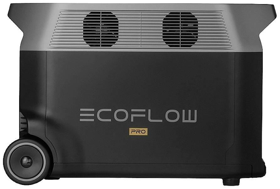 Schwarze EcoFlow Powerstation mit Rädern, sichtbare Lüftungsschlitze oben, Aufschrift 'ECOFLOW PRO'.