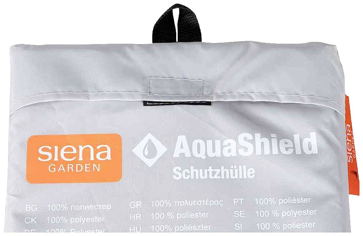 Die Abdeckung zeigt das Logo 'Siena Garden' und den Text 'AquaShield Schutzhülle'. Sie ist grau und hat einen schwarzen Griff.