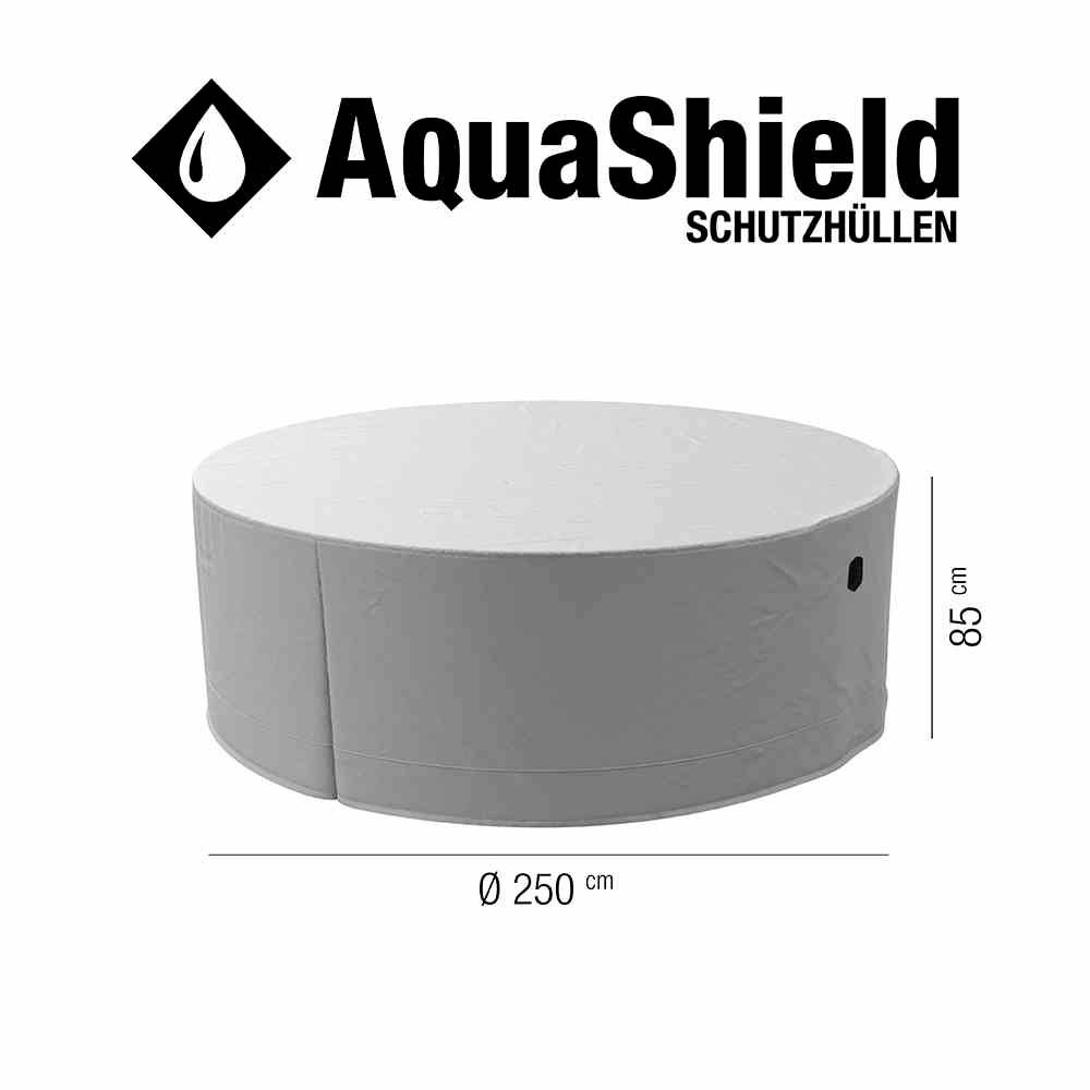 Eine runde Schutzhülle von AquaShield mit einem Durchmesser von 250 cm und einer Höhe von 85 cm, geeignet für Gartenmöbel.