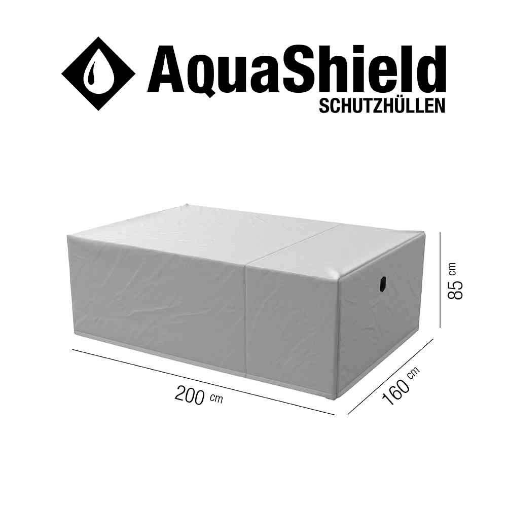 Schutzhülle für rechteckige Gartenmöbel. Maße: 200 cm x 160 cm x 85 cm. Markenname 'AquaShield' oben in der Ecke.