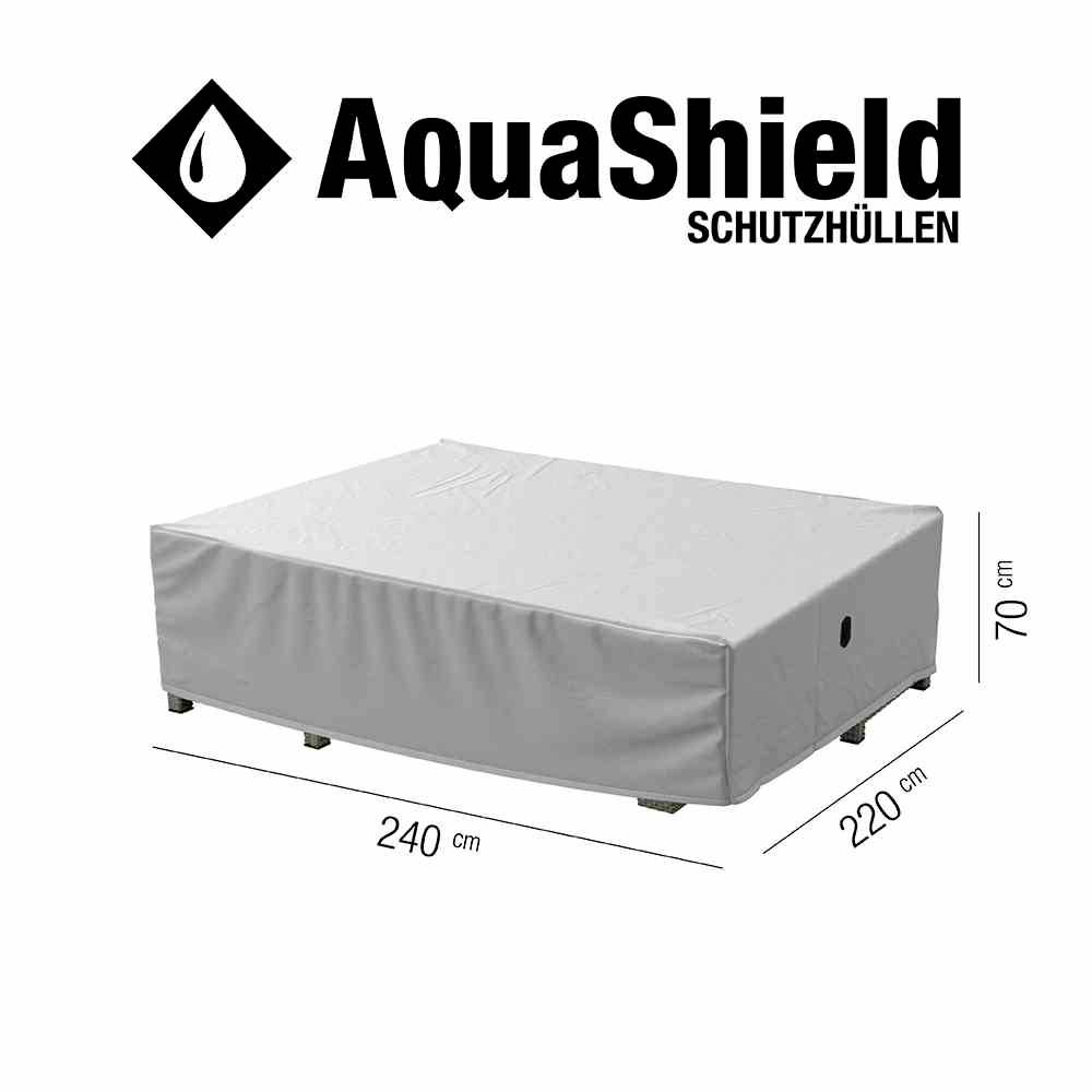 Graue Schutzabdeckung für rechteckige Gartenmöbel. Maße: 240 cm x 220 cm x 70 cm. Oben steht 'AquaShield Schutzhüllen'.