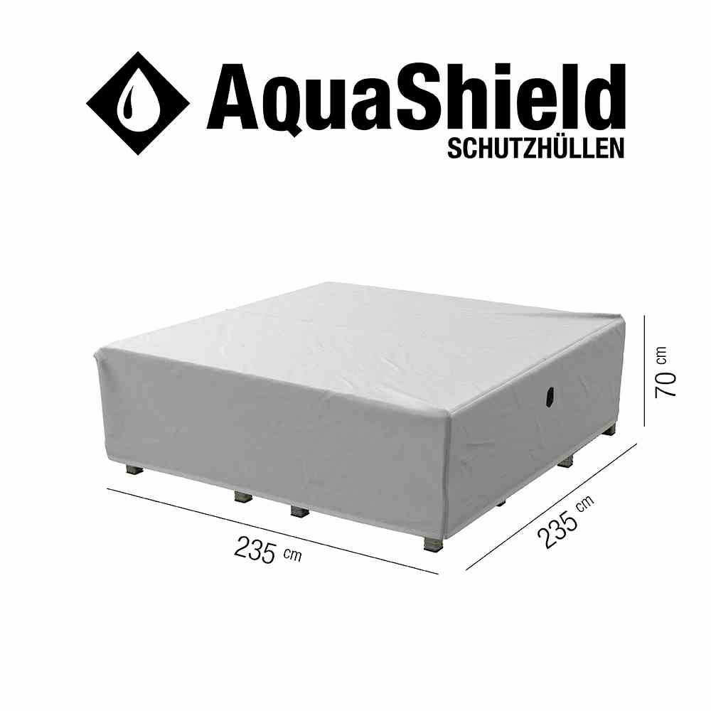 Rechteckige Schutzabdeckung mit den Maßen 235 x 235 x 70 cm für Außenmöbel. Marke 'AquaShield', schützt vor Witterung.