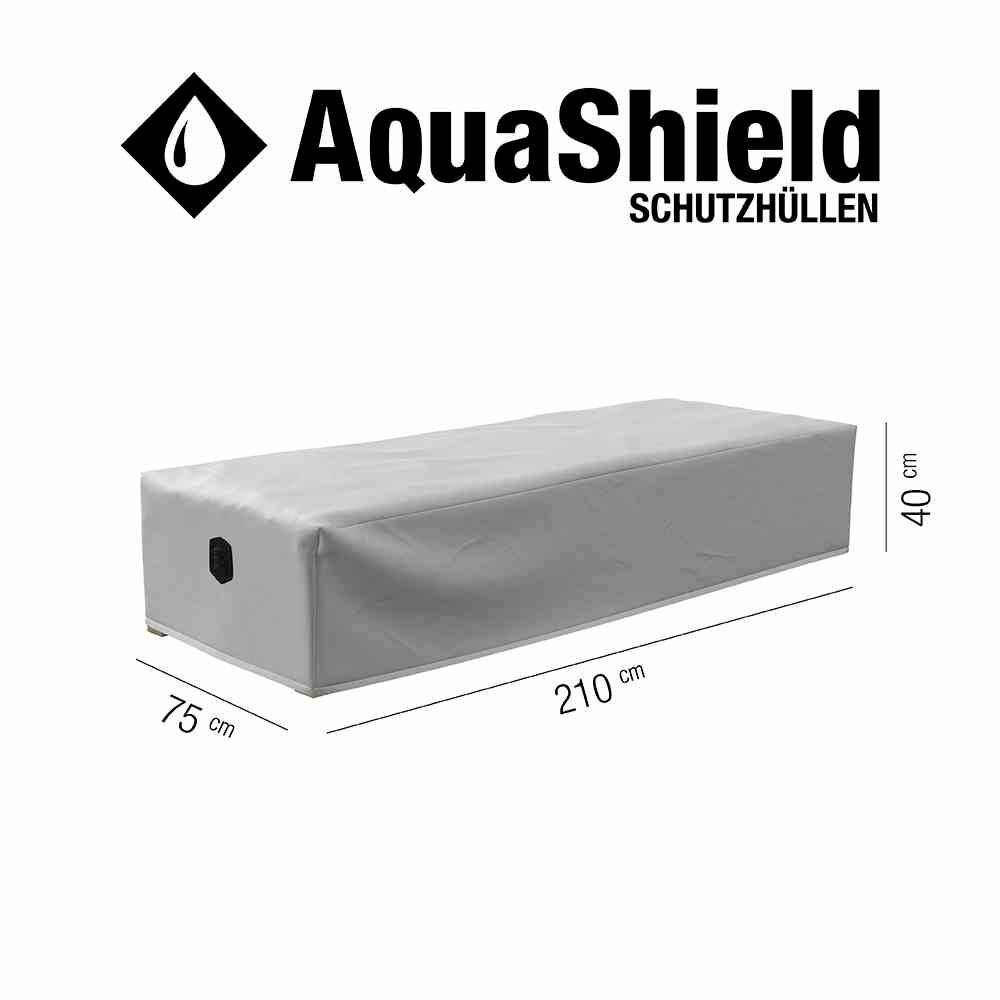 'Rechteckige Schutzhülle in Grau, 210 x 75 x 40 cm. Marke: AquaShield. Geeignet für Gartenmöbel. Logosymbol: Tropfen.'