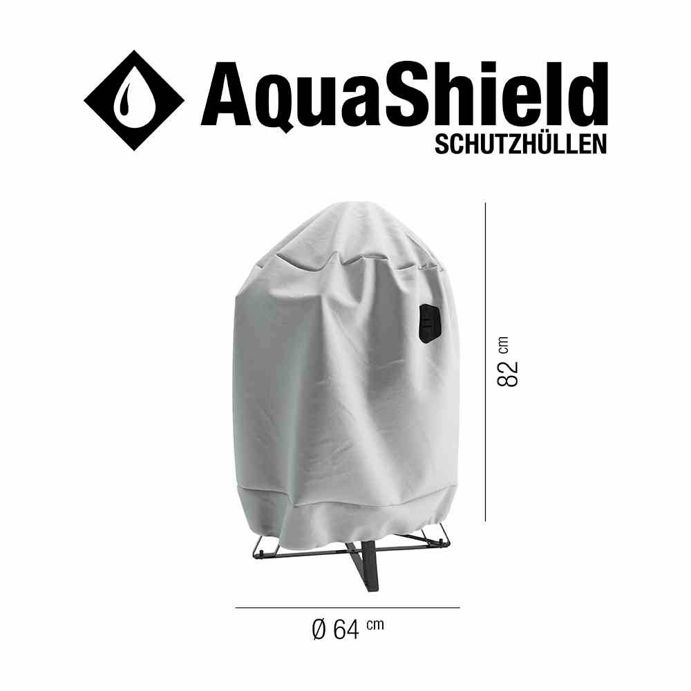 Eine graue AquaShield Schutzhülle mit einem Durchmesser von 64 cm und einer Höhe von 82 cm schützt einen Grill.