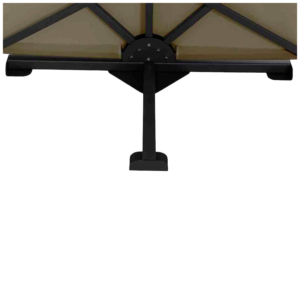 Ein schwarzer Metallsockel mit drei Beinen, der einen braunen Tisch stützt, von unten gesehen.