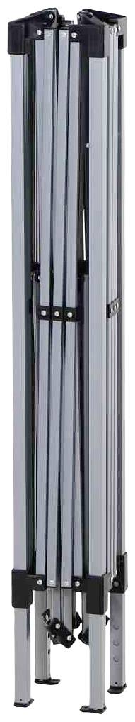 Zusammengeklappter silberner Faltpavillonrahmen, vertikal stehend, mit schwarzen Verbindungselementen.