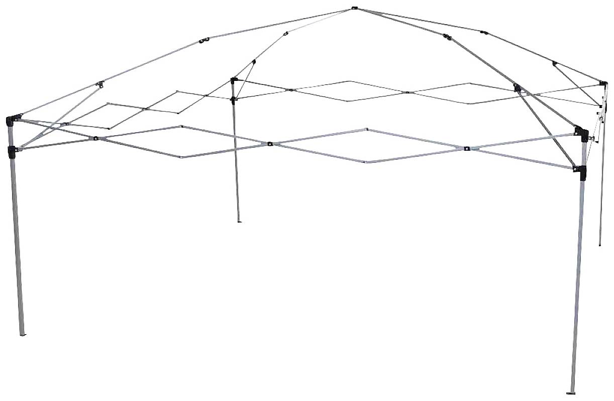 Metallrahmen eines faltbaren Pavillons ohne Plane, bestehend aus vier Füßen und einem dachförmigen Gitter zur Stabilität.