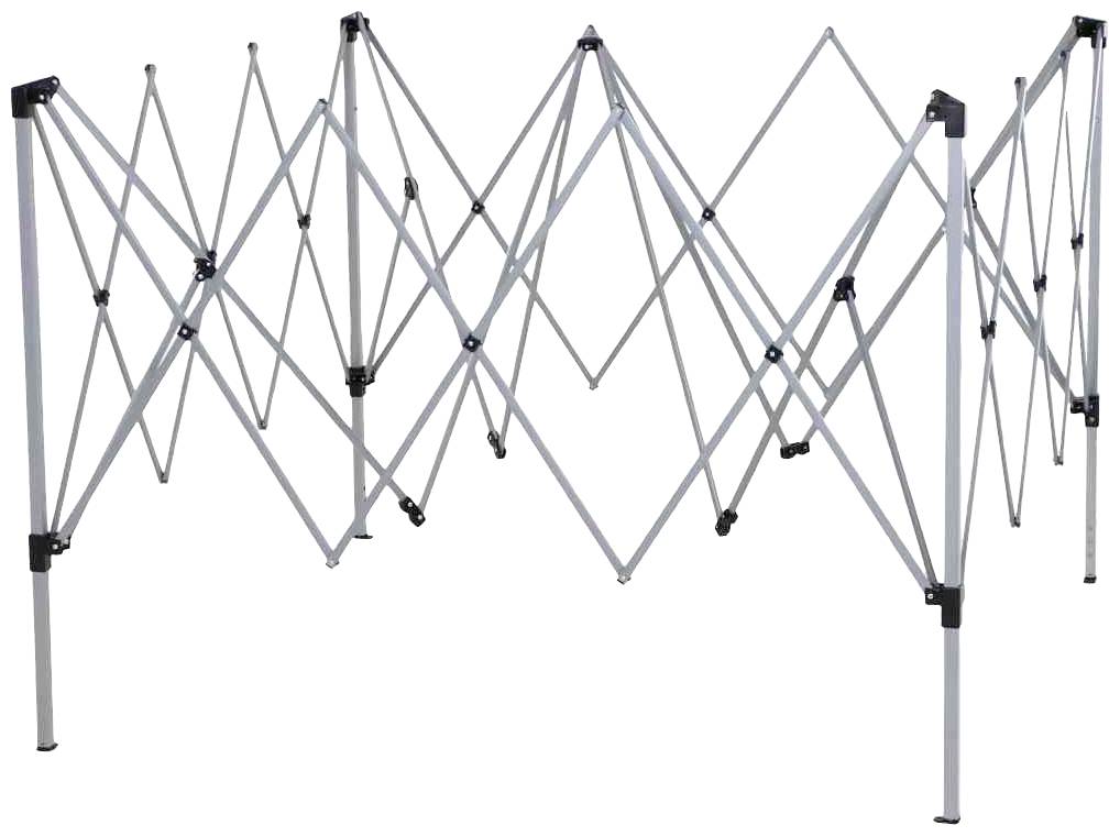 Ein faltbares Rahmenzeltgestell aus Metall, das geöffnet ist. Es ist leer, ohne Zeltstoff. Ideal für den Aufbau eines mobilen Zeltes.