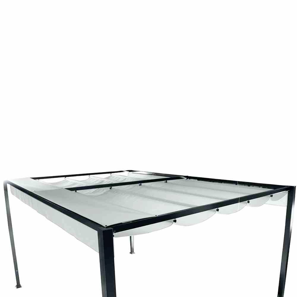 Metallpavillon mit weißem, faltbarem Stoffdach, quadratische Form, vier Stützen. Schattenspendend für Garten oder Terrasse.