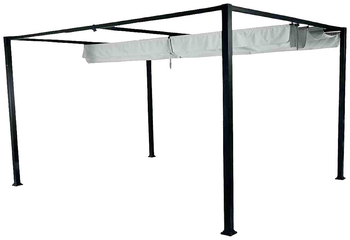 Ein freistehendes, quadratisches Pergola-Gestell aus Metall mit vier Beinen und einer gefalteten Stoffabdeckung am oberen Rahmen.