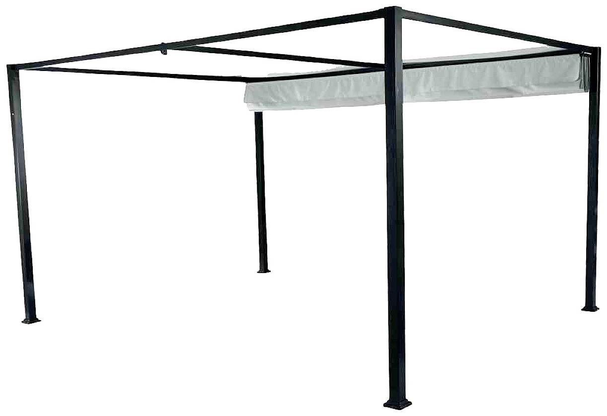 Metallrahmen eines Pavillons ohne Dachabdeckung. Rechteckige Form mit vier robusten Beinen, geeignet für Outdoor-Bereiche.