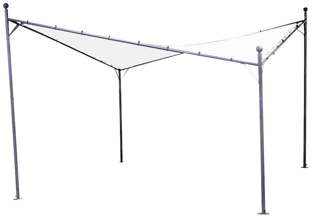 Ein modernes Stoffsegel auf vier stählernen Pfosten gespannt.