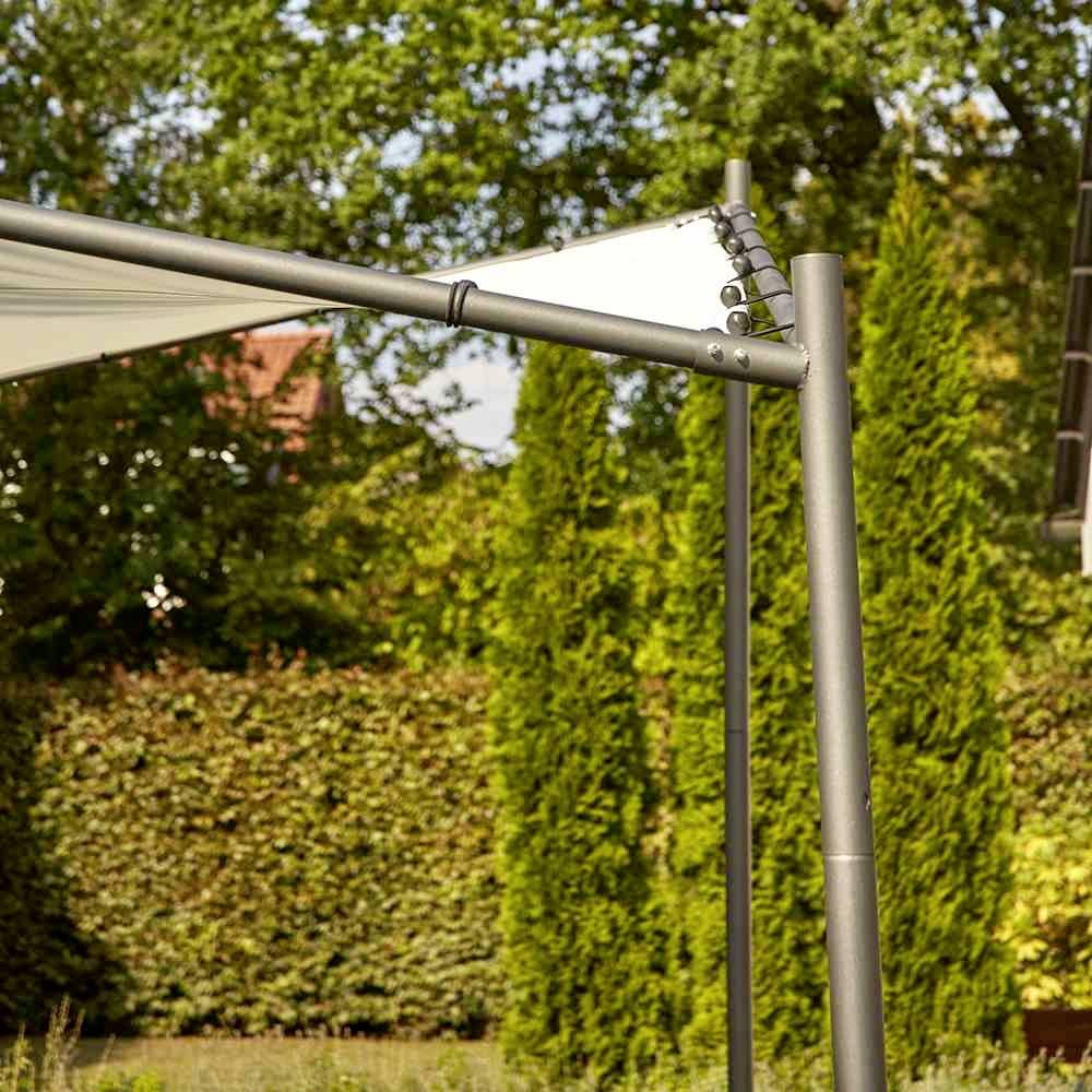 Eine sonnige, ruhige Gartenszene mit einem modernen, rechteckigen Sonnensegel gespannt über einem Außenbereich, umgeben von Bäumen und Hecken.