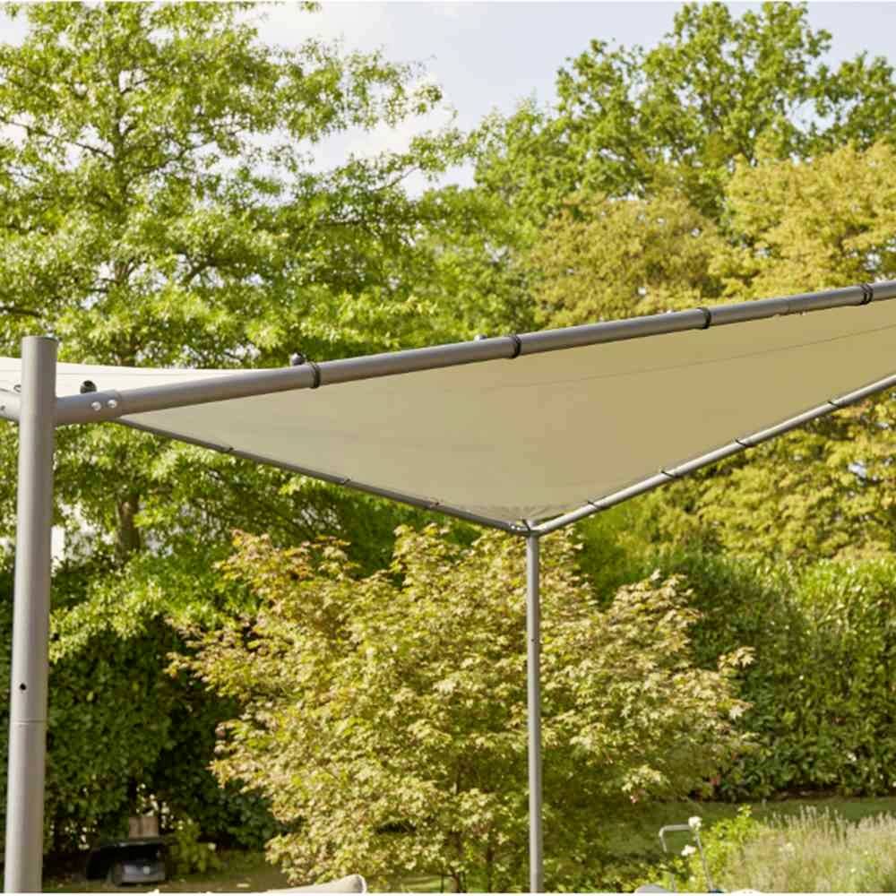 Sonnensegel im Garten, gespannt zwischen drei Stangen, bietet Schatten über grünem Rasen; Hintergrund von Bäumen umgeben.