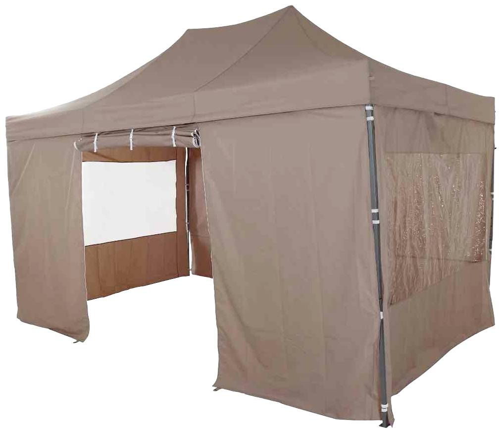 Braunes, quadratisches Zelt mit offenen Seiten, geeignet für Outdoor-Events und Märkte.