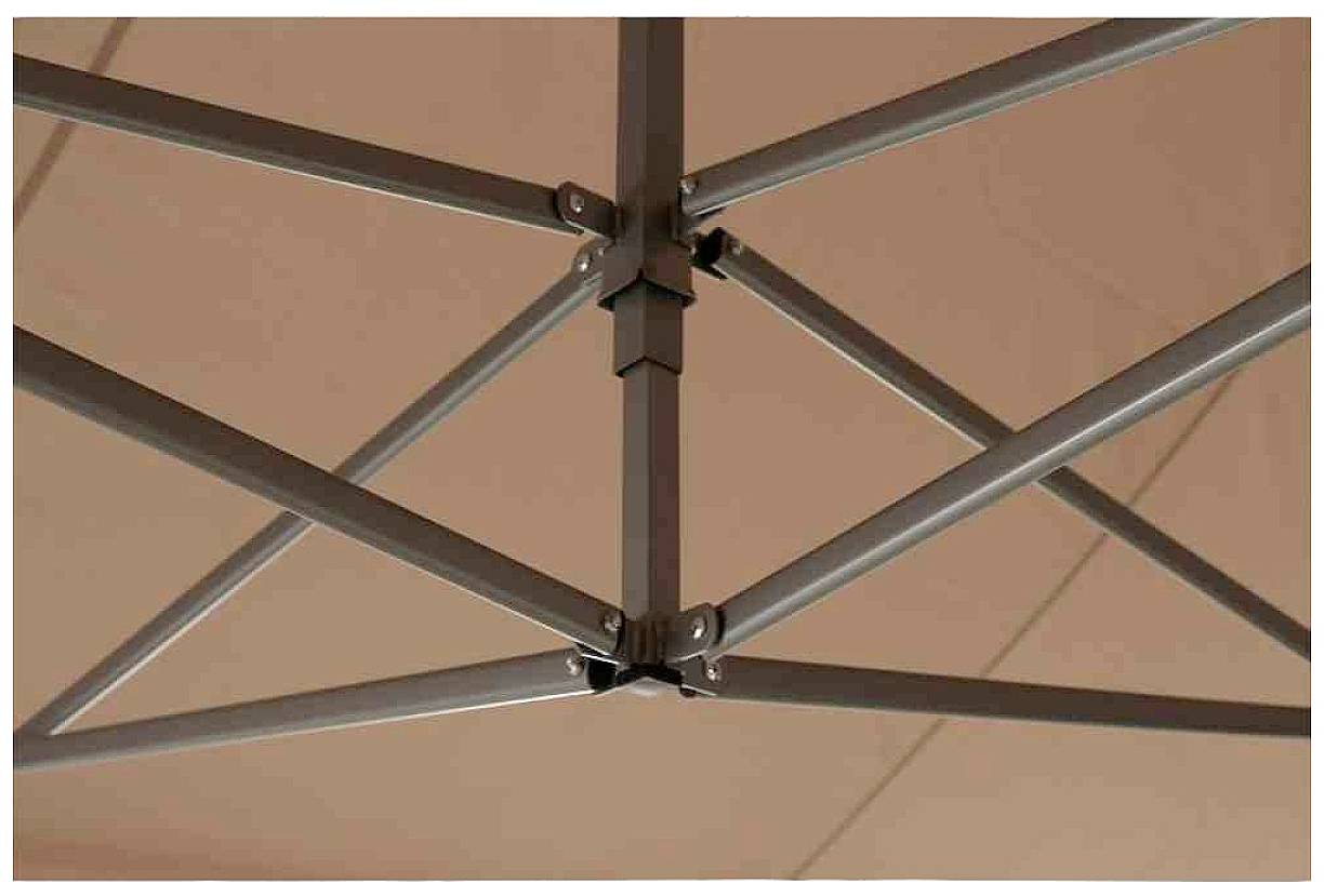 Metallstruktur eines Pavillons von unten fotografiert, zeigt ein symmetrisches Muster aus Streben und Winkeln, das die Stabilität unterstützt.