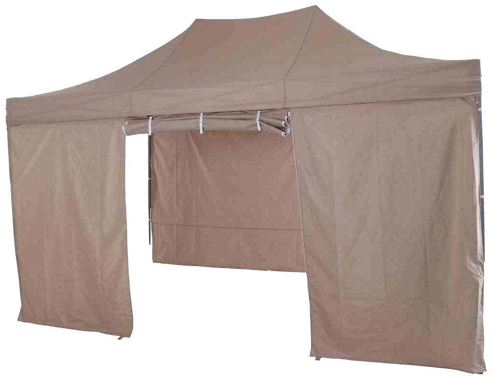 Braunes Partyzelt mit geneigtem Dach und offenen Seiten zeigt robuste Metallkonstruktion. Ideal für Outdoor-Events.
