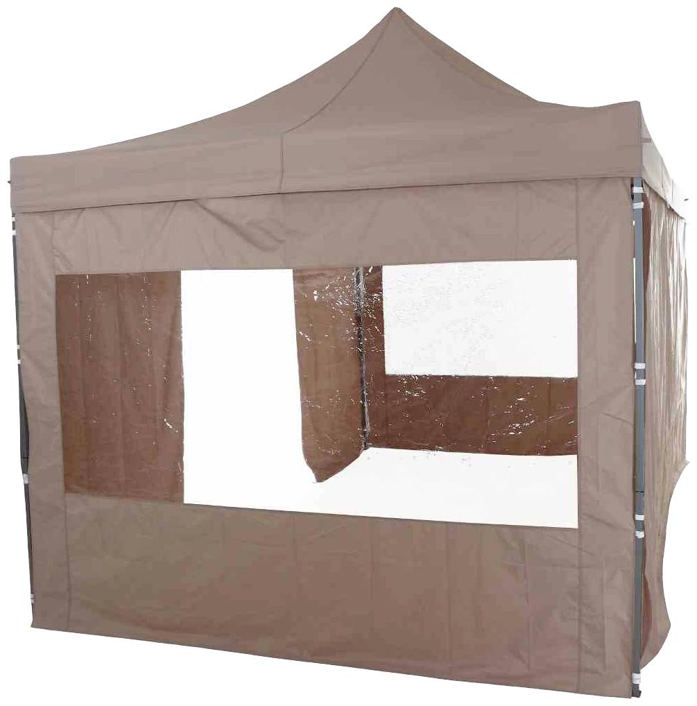 Braunes Pavillonzelt mit Seitenwänden und Fenster. Geeignet für Outdoor-Events oder Märkte. Schützt vor Wetterbedingungen.