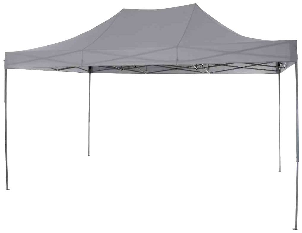 Ein grau-metallic Pavillon-Zelt mit vier Eckstützen und trapezförmigem Dach. Ideal für Veranstaltungen im Freien und Sonnenschutz.