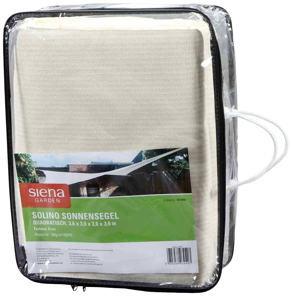 Verpacktes weißes Sonnensegel von Siena Garden namens 'Solino', quadratisch, 3,6 x 3,6 m, für Gartennutzung. Verpackung mit Griff.