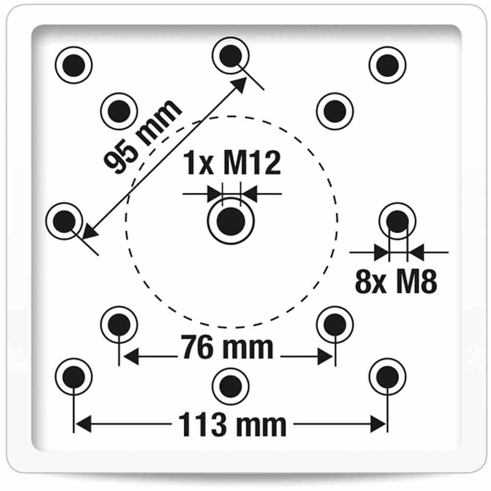 'Befestigungsbohrungsdiagramm: 1x M12 zentral, 8x M8 im Kreis mit 95 mm Abstand, symmetrisch angeordnet. Abstand zu den Seiten: 76 mm und 113 mm.'
