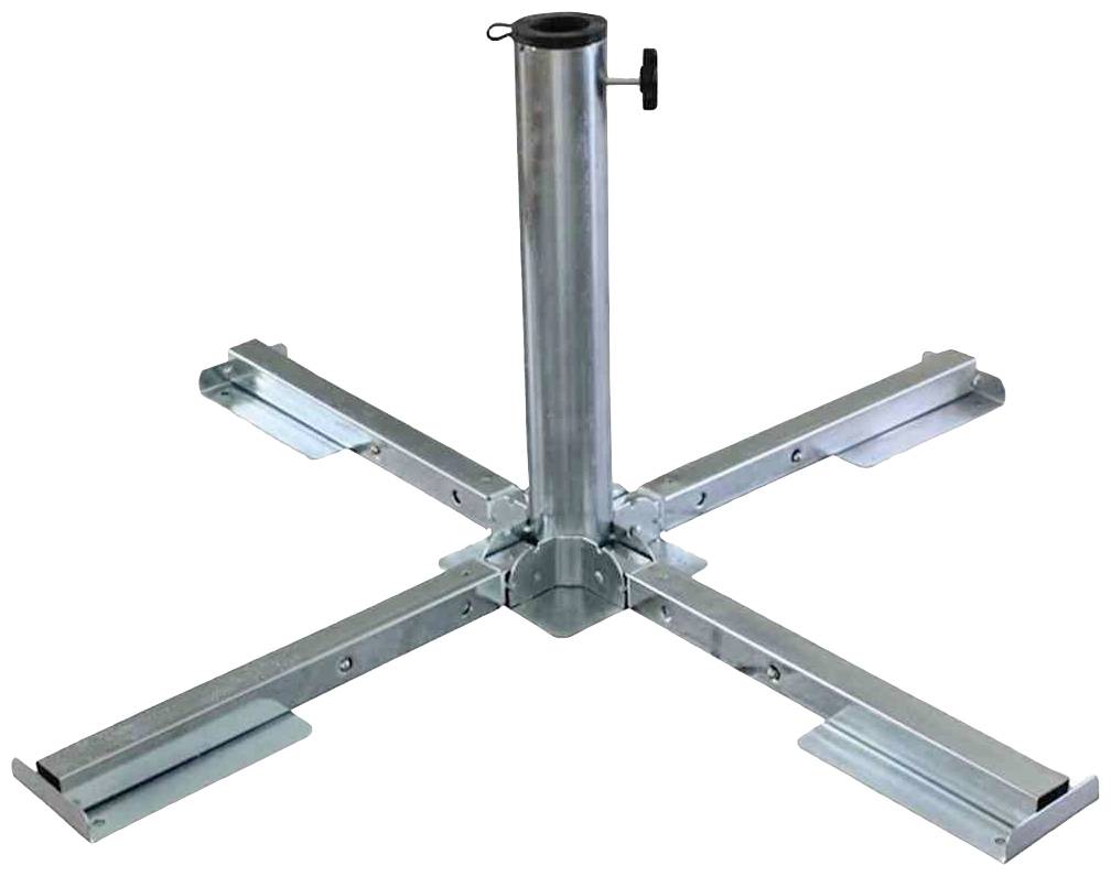 Ein stabiler Metallständer mit vier ausgestreckten Beinen und einem vertikalen Rohr in der Mitte, geeignet für Sonnenschirme.