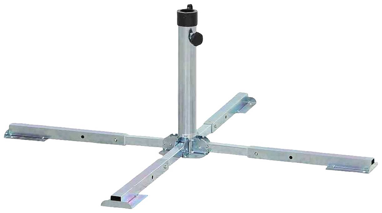'Metallständer mit verstellbaren Armen und zylindrischem Mittelrohr, geeignet für stabile Befestigung von Geräten.'