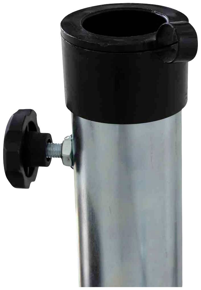 Metallstange mit schwarzer Kunststoffkappe und einem seitlichen Schraubmechanismus zur Befestigung.
