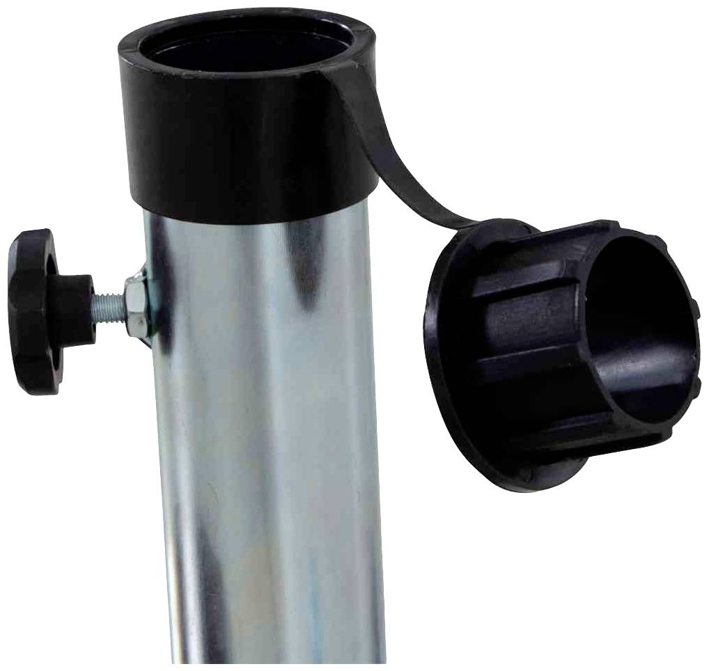 Metallisches Rohr mit schwarzer Kunststoffkappe und Spannschraube, vermutlich Teil eines verstellbaren Ständers oder Halters.