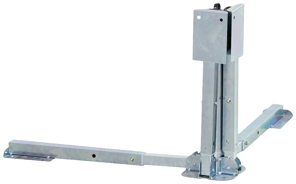 Metallische, höhenverstellbare Halterung, vermutlich für Flachbildschirme oder ähnliche Geräte, mit robustem Design.